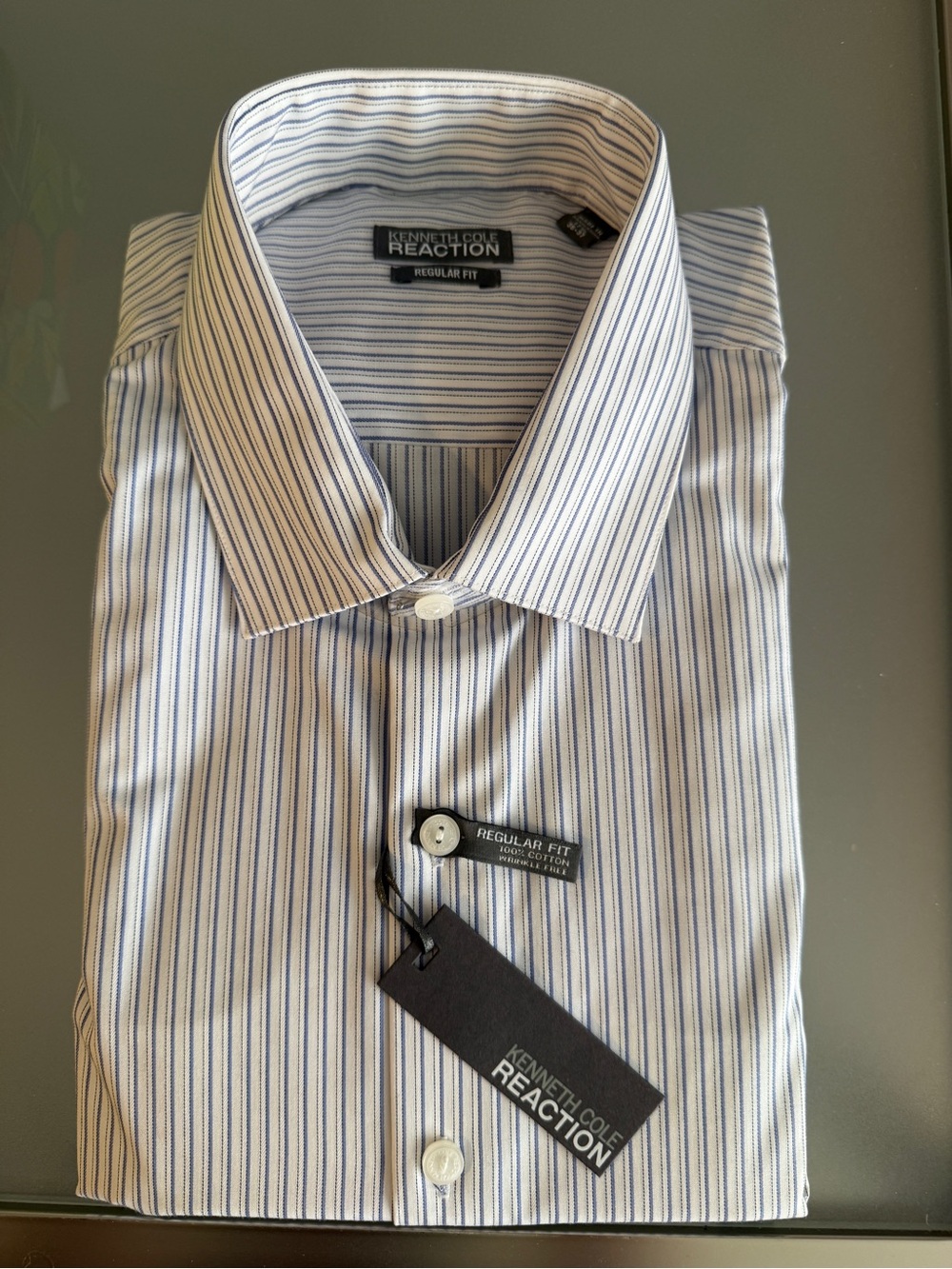 NWT Kenneth Cole Reaction White Dress Shirt with Blue Pinstripes